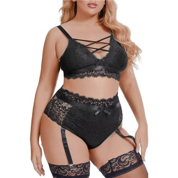 Sexy Women's Plus Size Black Floral Lace Lingerie  High Waisted Suspender Set - Picture 6 of 7